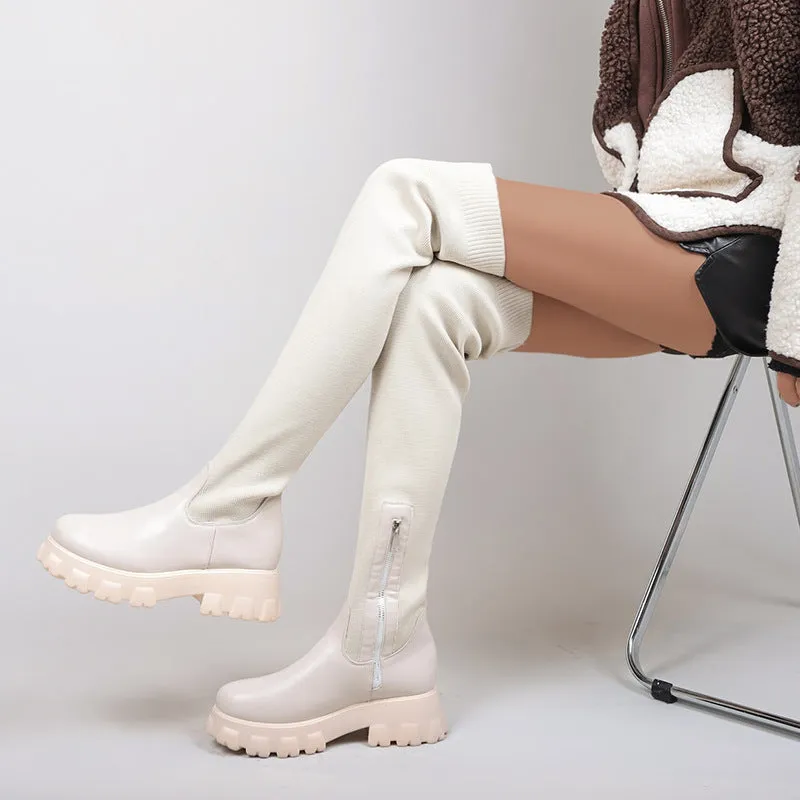 Women's stretchy knit thigh high boots chunky platform over the knee boots for winter