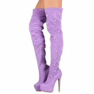 Women's Trendy Purple Pearl Thigh High Platform Boots