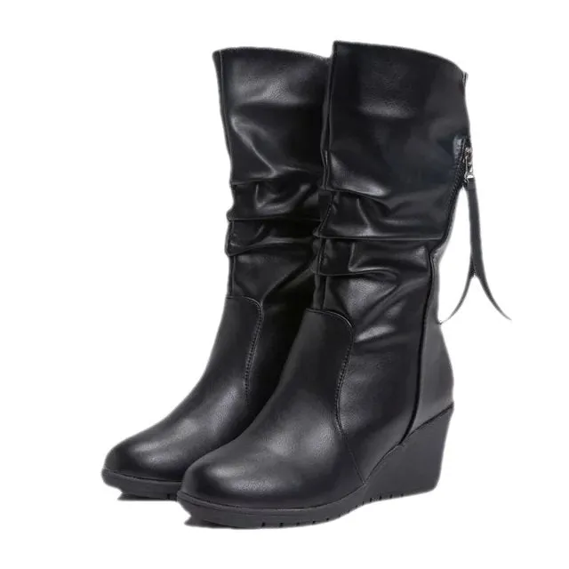 Women's wedge heels slouchy mid calf boots