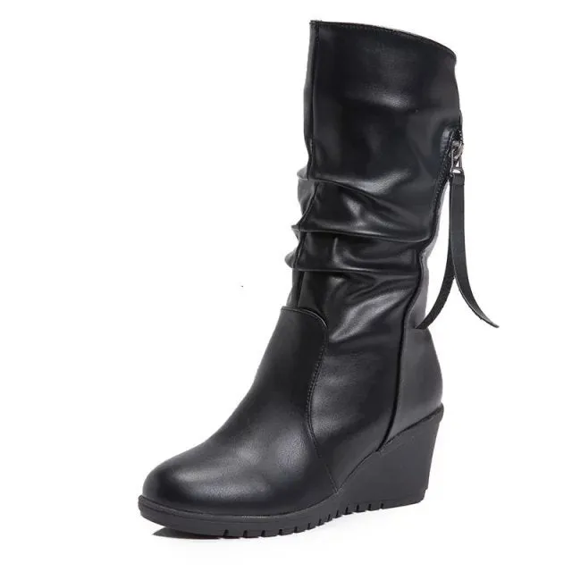 Women's wedge heels slouchy mid calf boots